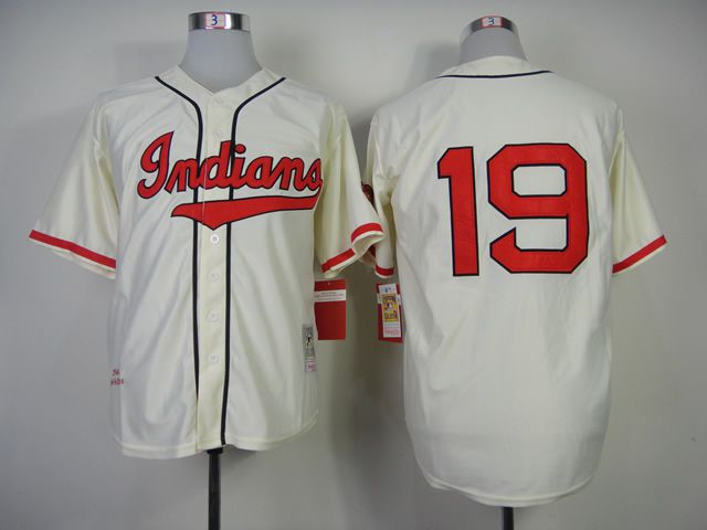 Men Cleveland Indians #19 Feller Cream Throwback MLB Jerseys